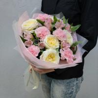 Букет из роз, гвоздик и альстромерий