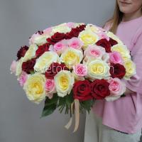 Букет из 51 розы Эквадор 50 см микс бордовых, нежно-розовых и сливочных роз