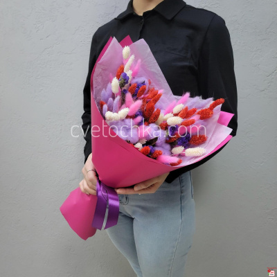 Букет сухоцветов с хлопком, лагурусом и фалярисом в яркой гамме с доставкой в Челябинске