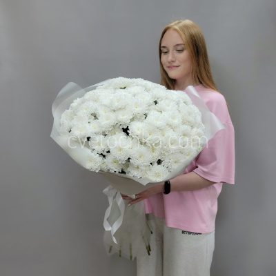 Букет из 25 белых махровых кустовых хризантем
